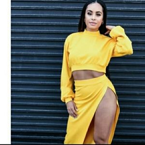 Shon Simon & Co Hi-Split Skirt & Longsleeve Crop Top Canary Yellow Set New